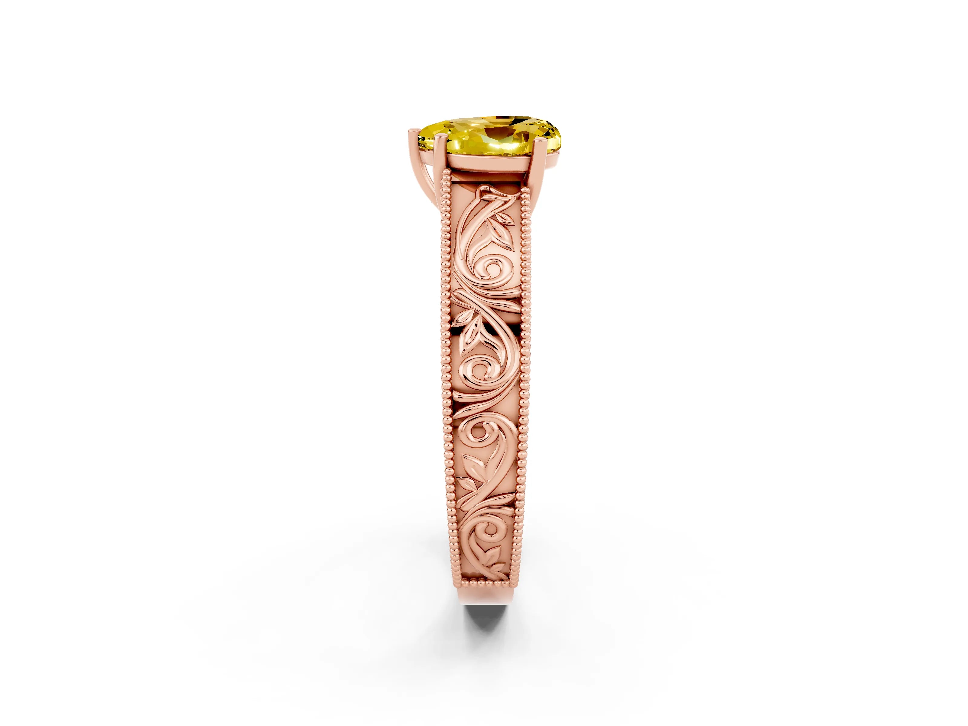 Rose gold Heart Cut Yellow Sapphire Solitaire Ring with Engraved Band and Four-Prong Setting_2
