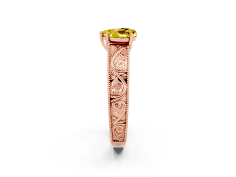 Rose gold Heart Cut Yellow Sapphire Solitaire Ring with Engraved Band and Four-Prong Setting_2