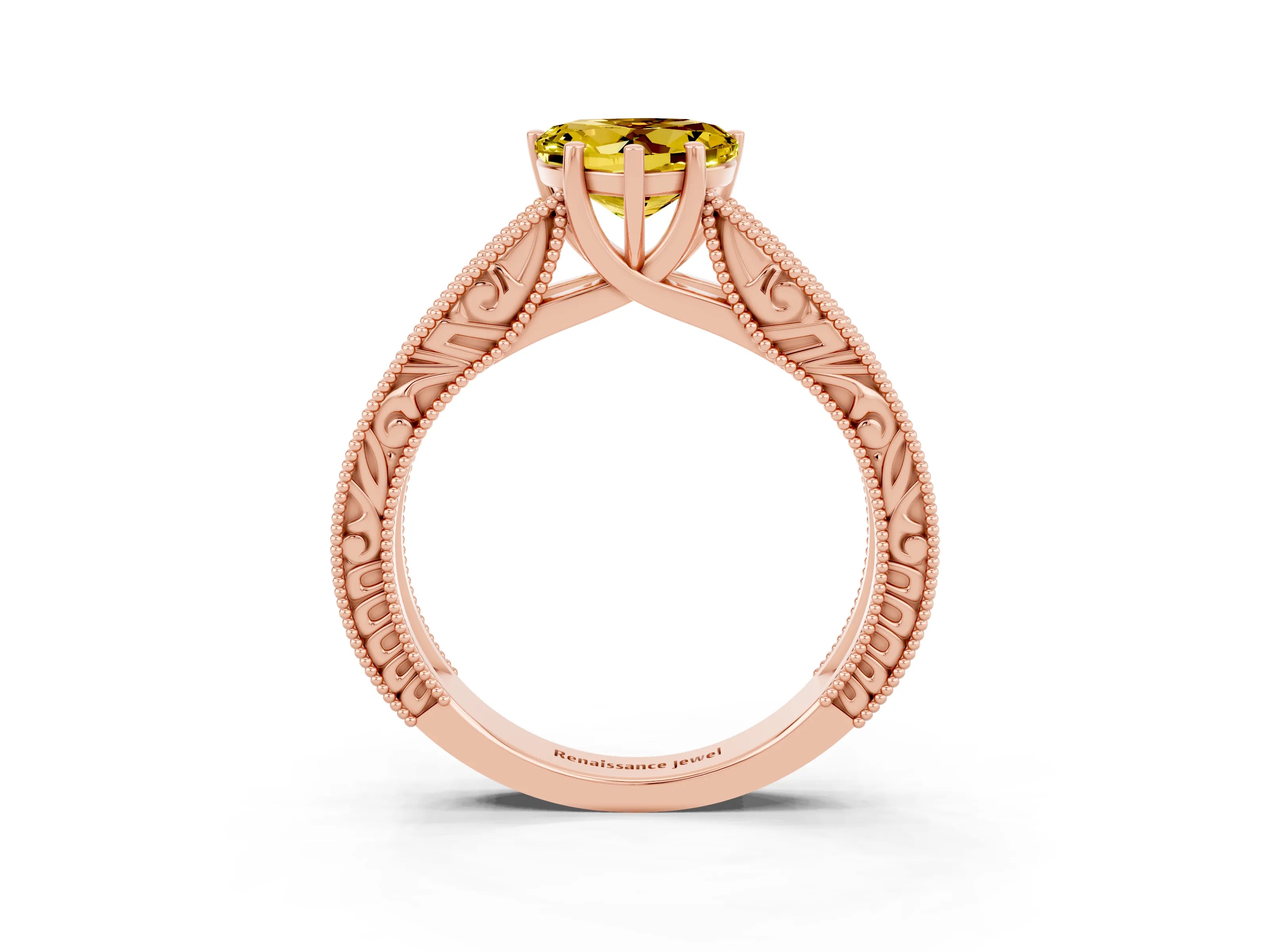Rose gold Heart Cut Yellow Sapphire Solitaire Ring with Engraved Band and Four-Prong Setting_3