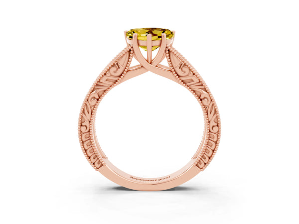 Rose gold Heart Cut Yellow Sapphire Solitaire Ring with Engraved Band and Four-Prong Setting