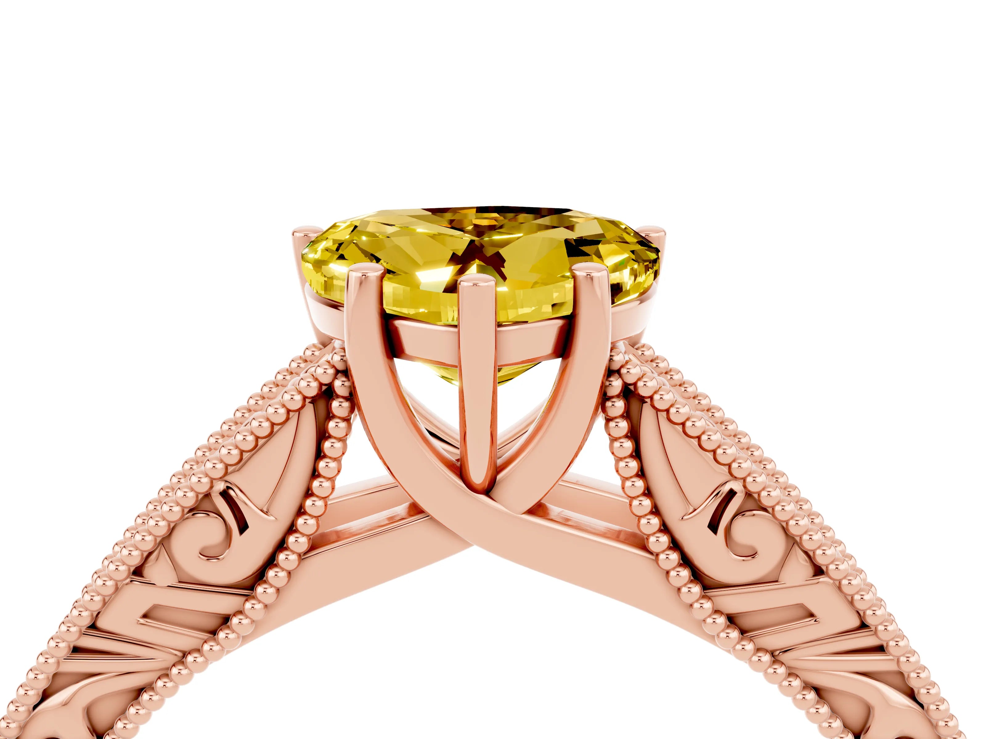 Rose gold Heart Cut Yellow Sapphire Solitaire Ring with Engraved Band and Four-Prong Setting_4