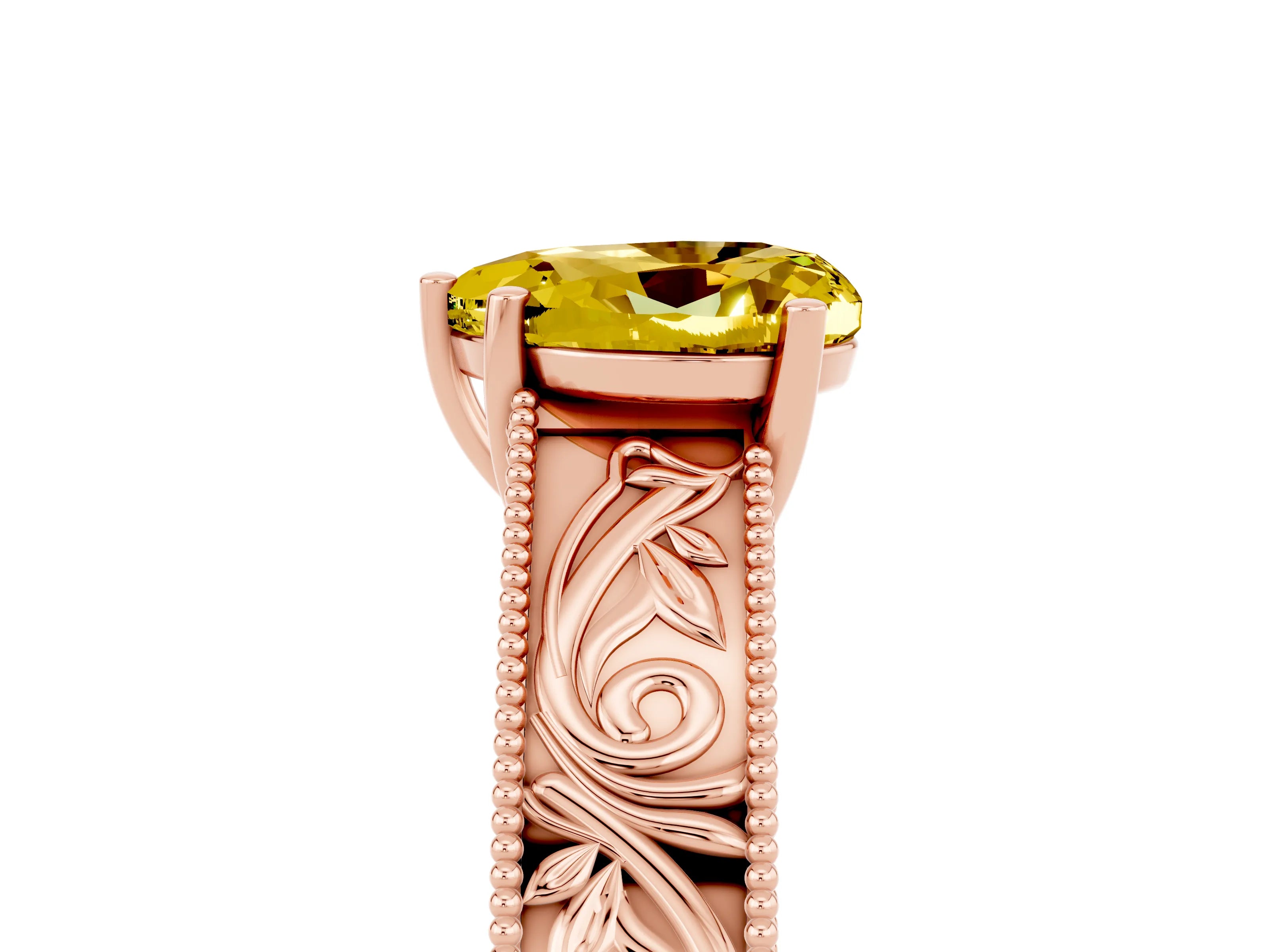 Rose gold Heart Cut Yellow Sapphire Solitaire Ring with Engraved Band and Four-Prong Setting_5
