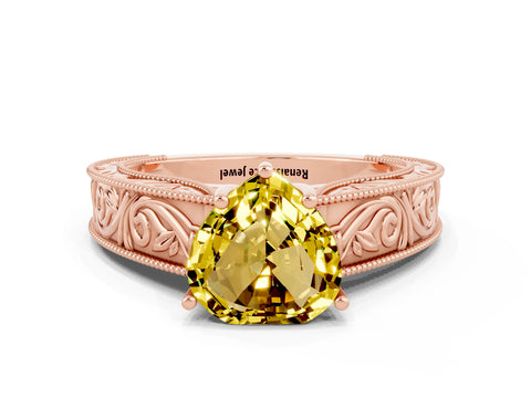 Rose gold Heart Cut Yellow Sapphire Solitaire Ring with Engraved Band and Four-Prong Setting