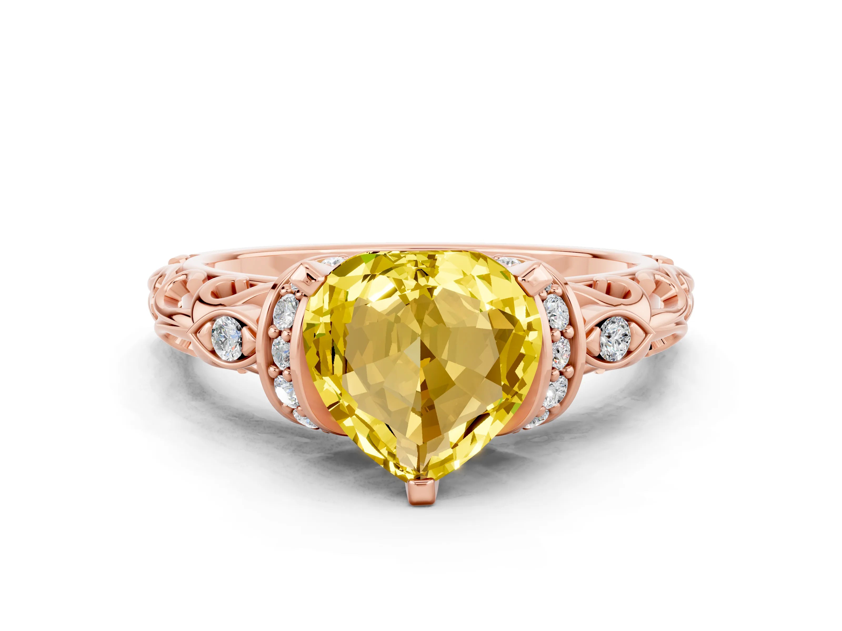 Rose gold Heart Cut Yellow Sapphire Solitaire Ring with Filigree Band and Four-Prong Setting_48