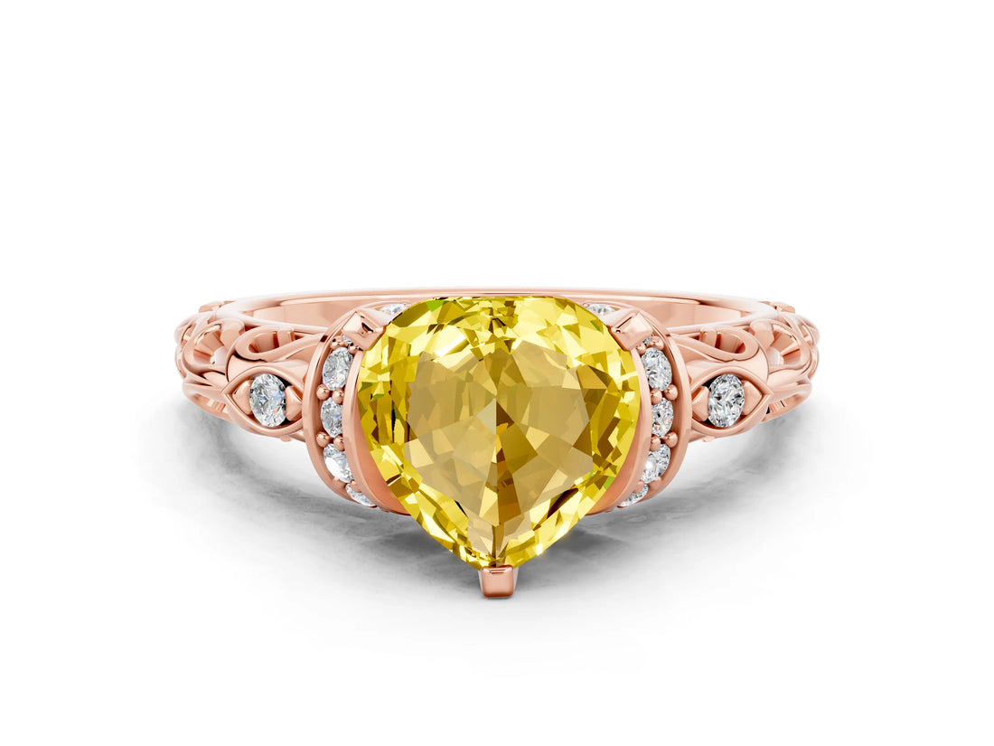 Rose gold Heart Cut Yellow Sapphire Solitaire Ring with Filigree Band and Four-Prong Setting_48