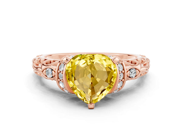 Rose gold Heart Cut Yellow Sapphire Solitaire Ring with Filigree Band and Four-Prong Setting