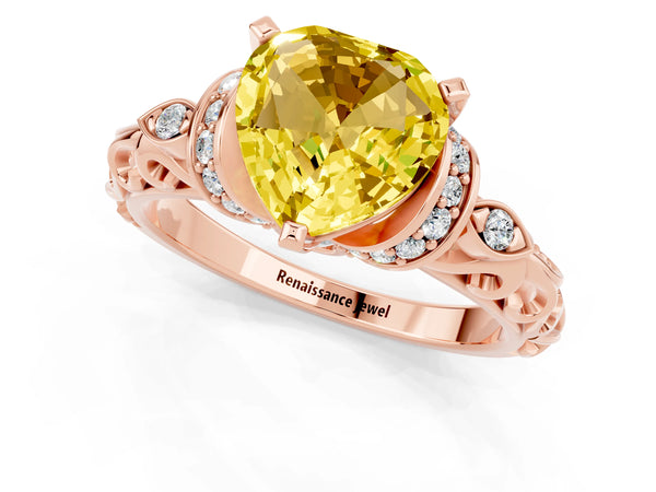 Rose gold Heart Cut Yellow Sapphire Solitaire Ring with Filigree Band and Four-Prong Setting