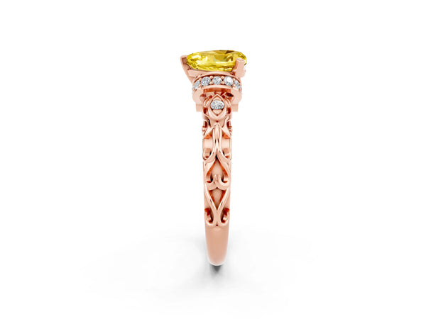 Rose gold Heart Cut Yellow Sapphire Solitaire Ring with Filigree Band and Four-Prong Setting
