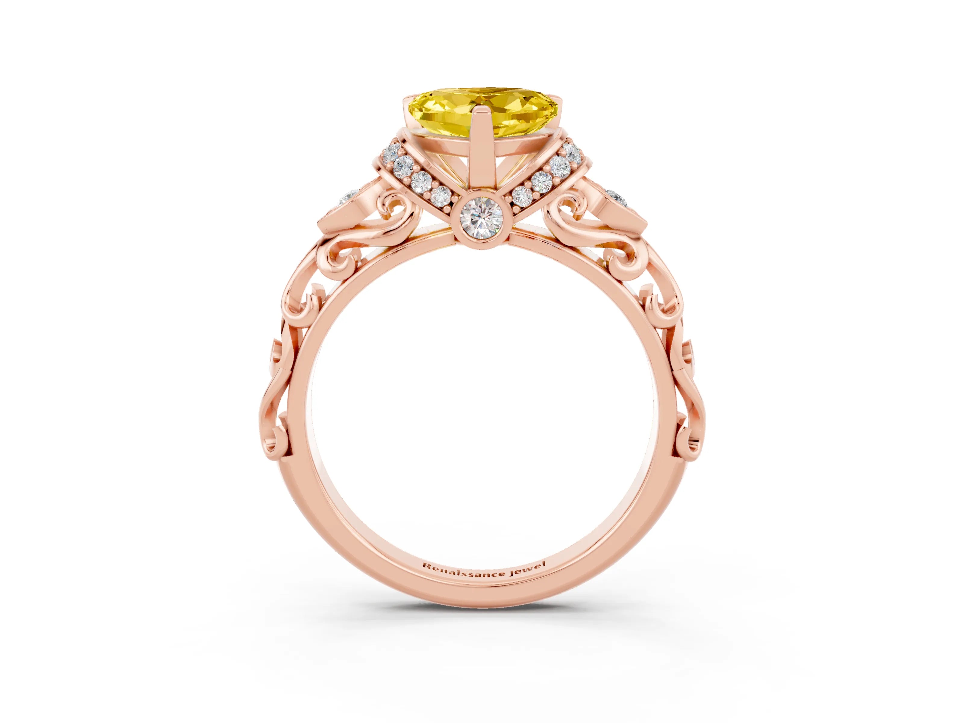 Rose gold Heart Cut Yellow Sapphire Solitaire Ring with Filigree Band and Four-Prong Setting_51