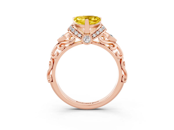 Rose gold Heart Cut Yellow Sapphire Solitaire Ring with Filigree Band and Four-Prong Setting