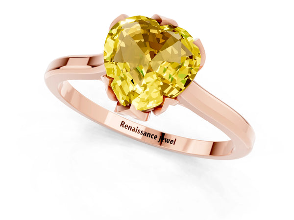 Rose gold Heart Cut Yellow Sapphire Solitaire Ring with Flower Prong Setting and Classic Band