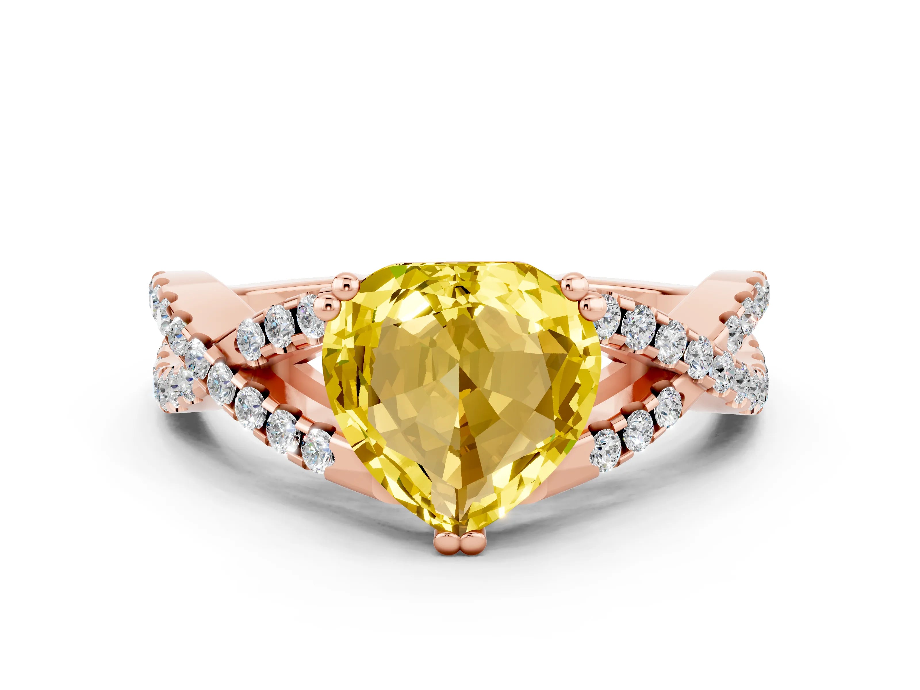 Rose gold Heart Cut Yellow Sapphire Solitaire Ring with Four-Prong Setting and Twisted Pavé Band_12