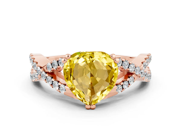 Rose gold Heart Cut Yellow Sapphire Solitaire Ring with Four-Prong Setting and Twisted Pavé Band