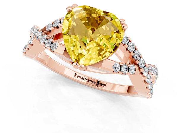 Rose gold Heart Cut Yellow Sapphire Solitaire Ring with Four-Prong Setting and Twisted Pavé Band