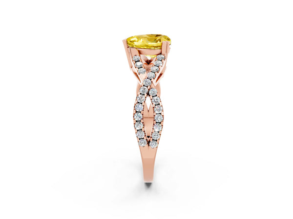 Rose gold Heart Cut Yellow Sapphire Solitaire Ring with Four-Prong Setting and Twisted Pavé Band