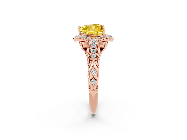 Rose gold Heart Cut Yellow Sapphire Solitaire Ring with Hidden Halo and Pavé Band
