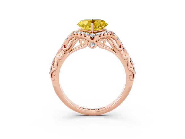 Rose gold Heart Cut Yellow Sapphire Solitaire Ring with Hidden Halo and Pavé Band