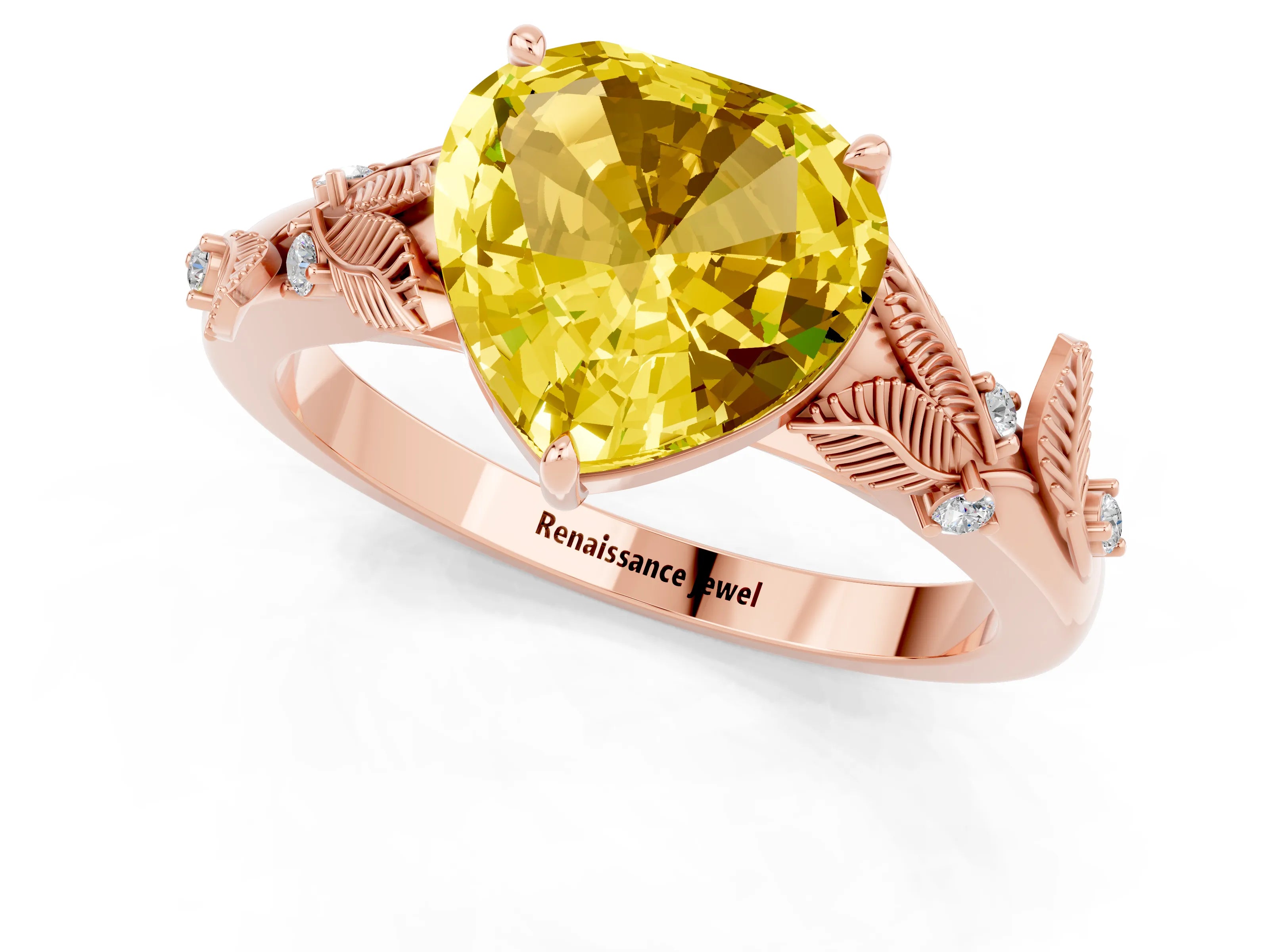 Rose gold Heart Cut Yellow Sapphire Solitaire Ring with Leaf Motif Band and Four-Prong Setting_1