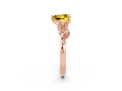 Rose gold Heart Cut Yellow Sapphire Solitaire Ring with Leaf Motif Band and Four-Prong Setting_2