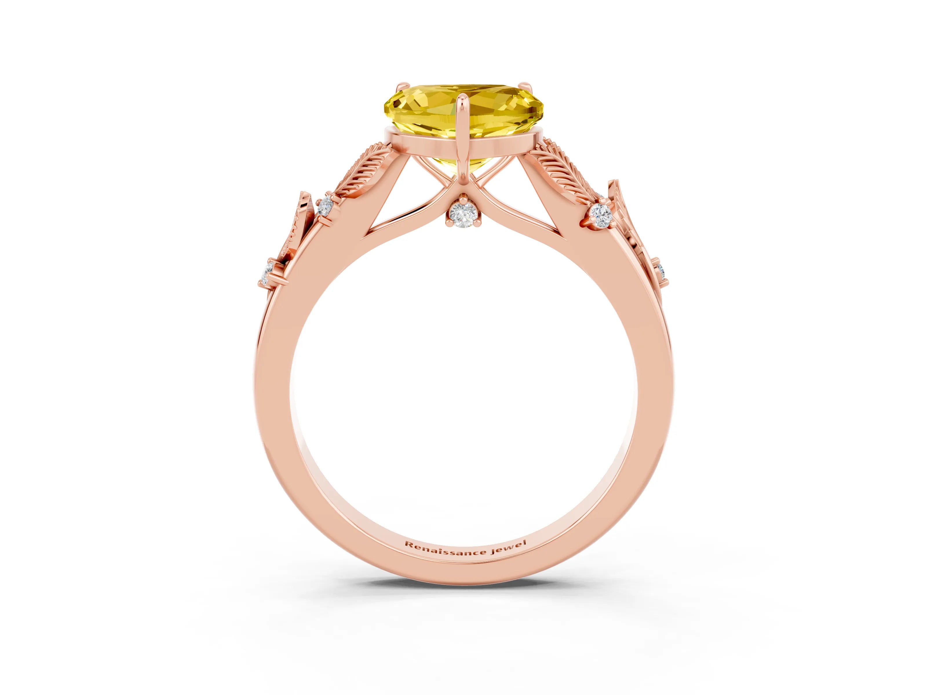 Rose gold Heart Cut Yellow Sapphire Solitaire Ring with Leaf Motif Band and Four-Prong Setting_3