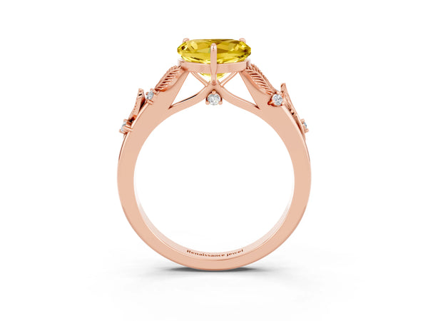 Rose gold Heart Cut Yellow Sapphire Solitaire Ring with Leaf Motif Band and Four-Prong Setting