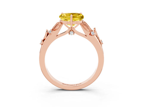 Rose gold Heart Cut Yellow Sapphire Solitaire Ring with Leaf Motif Band and Four-Prong Setting_3