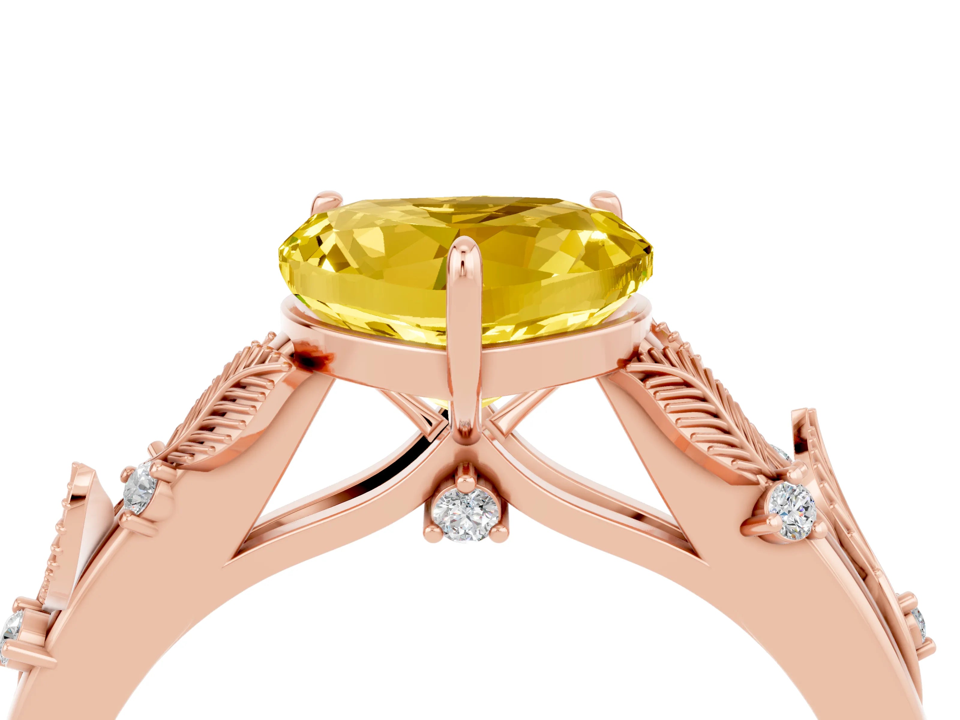 Rose gold Heart Cut Yellow Sapphire Solitaire Ring with Leaf Motif Band and Four-Prong Setting_4