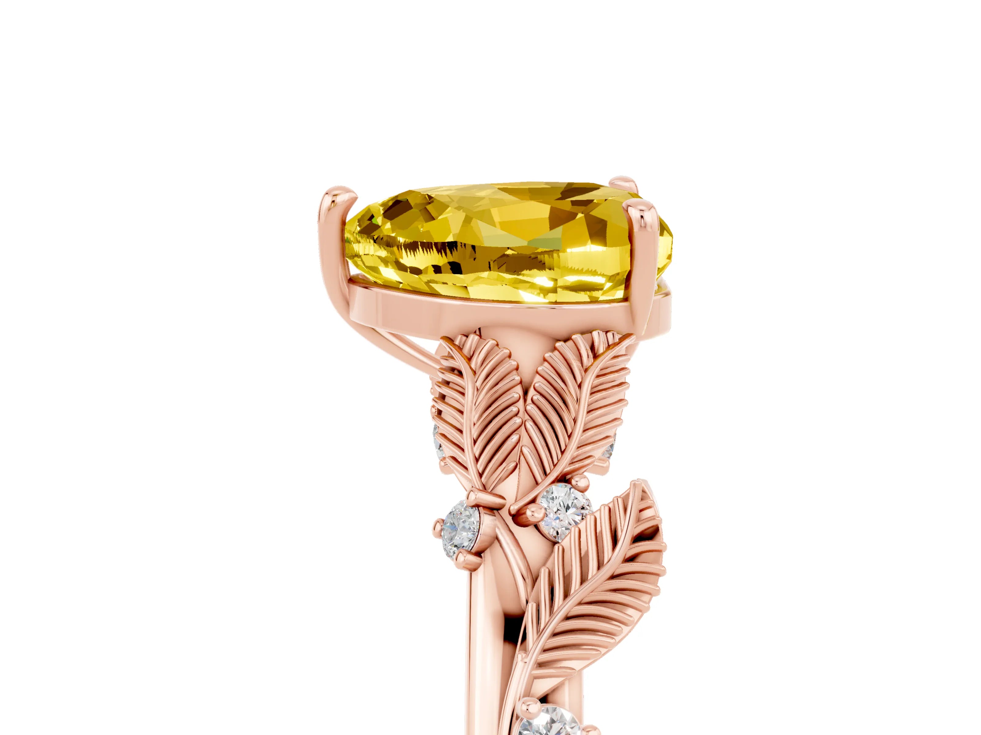 Rose gold Heart Cut Yellow Sapphire Solitaire Ring with Leaf Motif Band and Four-Prong Setting_5