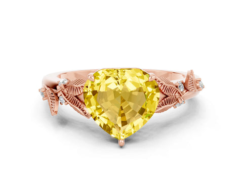 Rose gold Heart Cut Yellow Sapphire Solitaire Ring with Leaf Motif Band and Four-Prong Setting