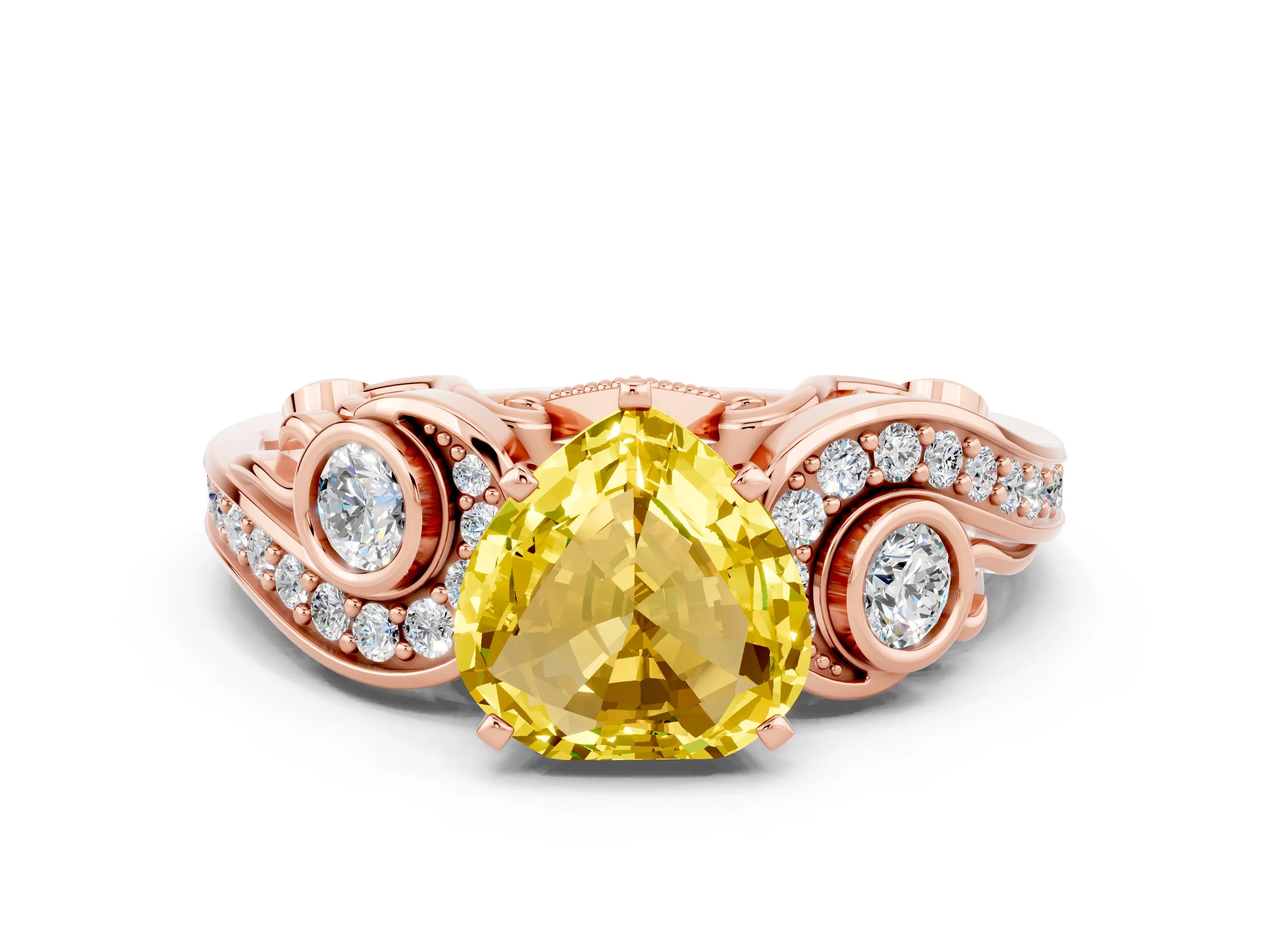 Rose gold Heart Cut Yellow Sapphire Solitaire Ring with Milgrain Pavé Band and Four-Prong Setting_24