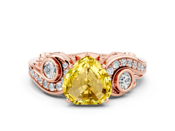 Rose gold Heart Cut Yellow Sapphire Solitaire Ring with Milgrain Pavé Band and Four-Prong Setting