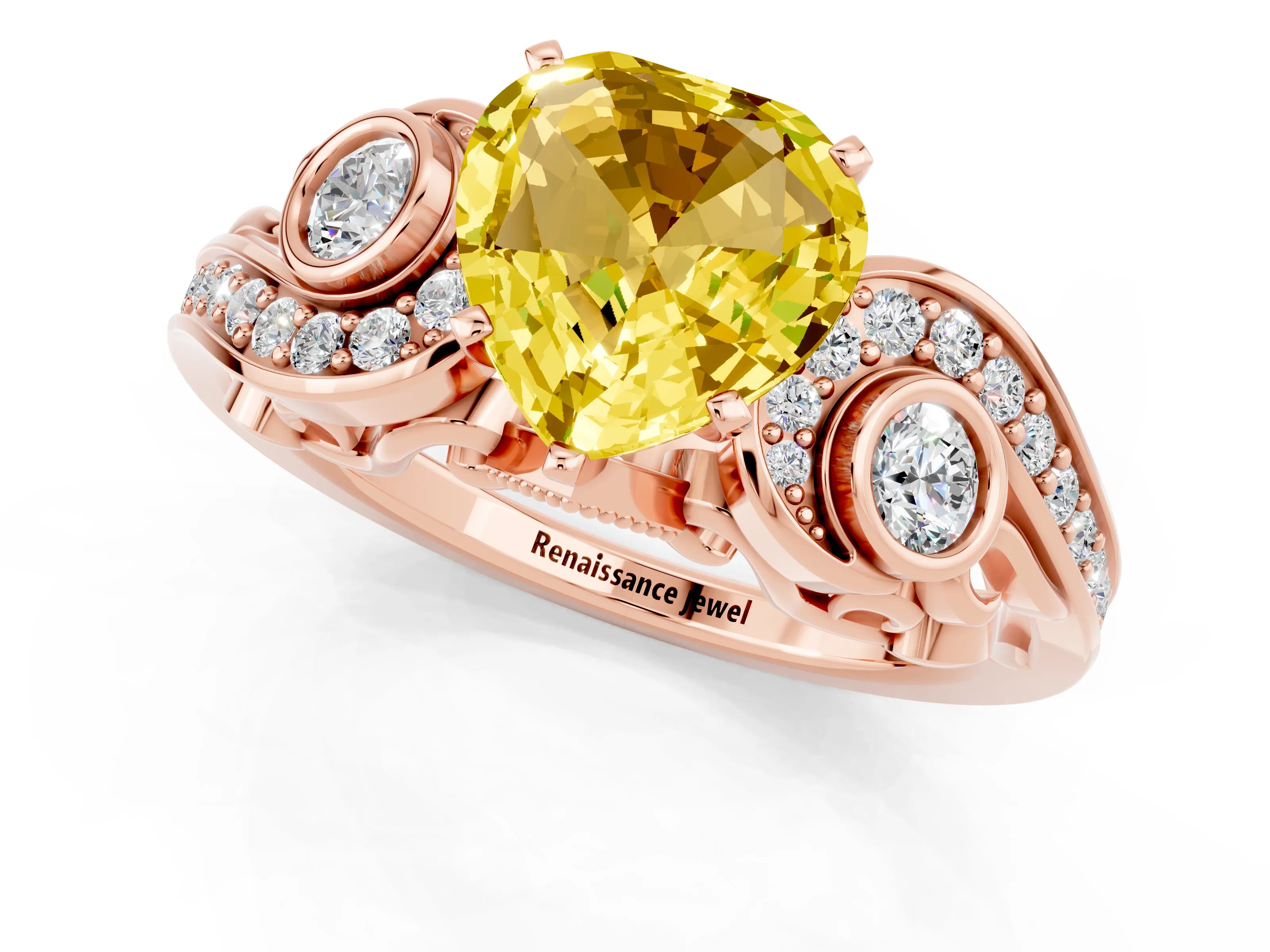 Rose gold Heart Cut Yellow Sapphire Solitaire Ring with Milgrain Pavé Band and Four-Prong Setting_25