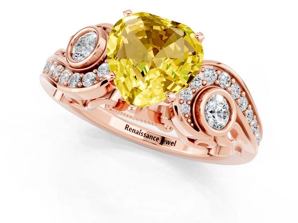 Rose gold Heart Cut Yellow Sapphire Solitaire Ring with Milgrain Pavé Band and Four-Prong Setting