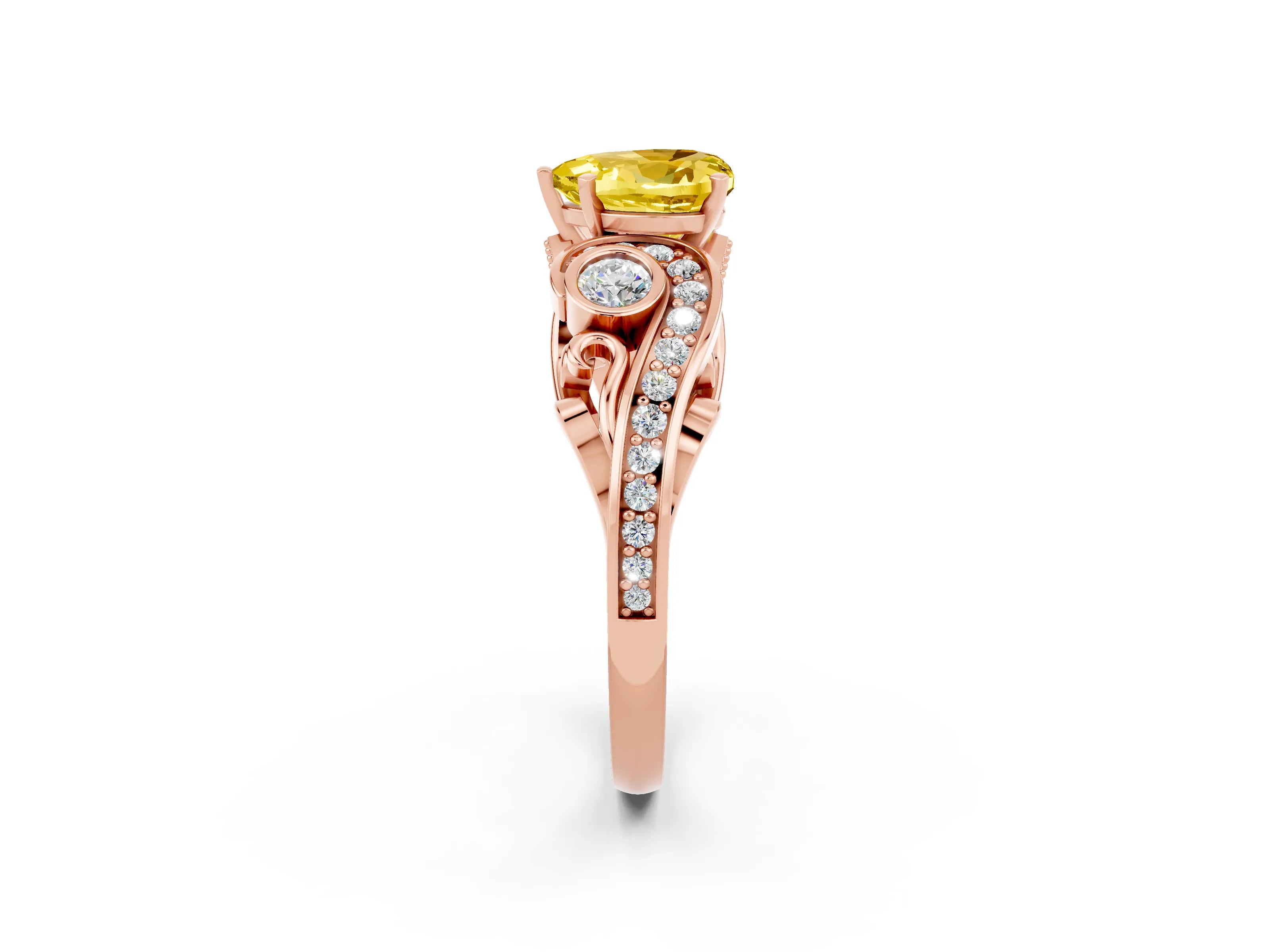 Rose gold Heart Cut Yellow Sapphire Solitaire Ring with Milgrain Pavé Band and Four-Prong Setting_26