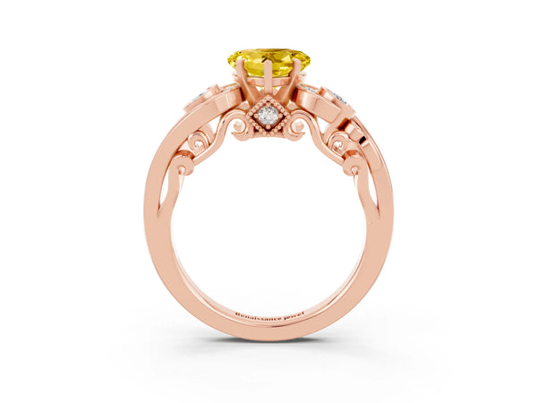 Rose gold Heart Cut Yellow Sapphire Solitaire Ring with Milgrain Pavé Band and Four-Prong Setting