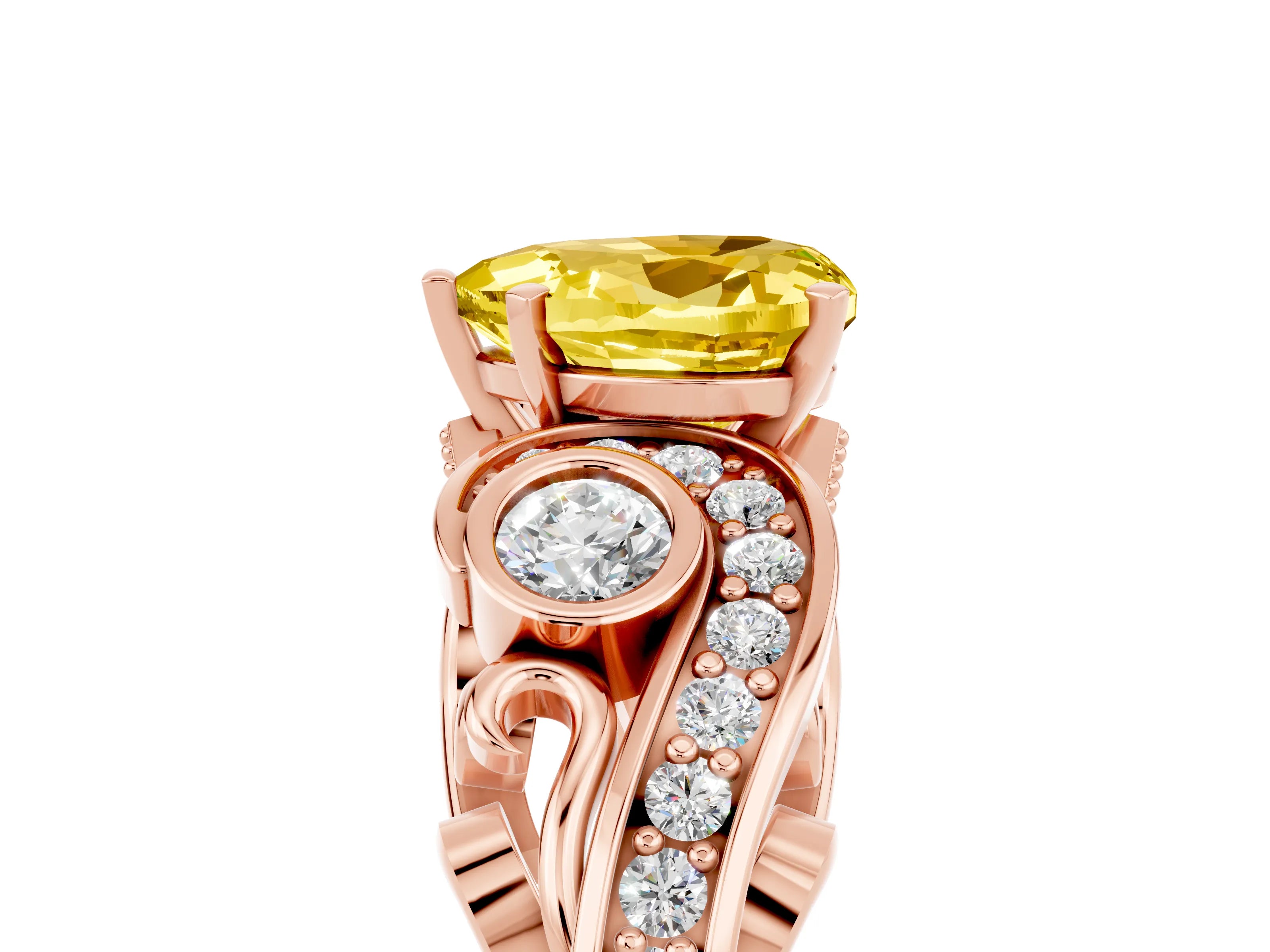 Rose gold Heart Cut Yellow Sapphire Solitaire Ring with Milgrain Pavé Band and Four-Prong Setting_29