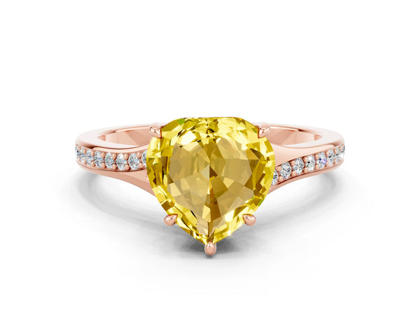 Rose gold Heart Cut Yellow Sapphire Solitaire Ring with Pavé Band and Prong Setting