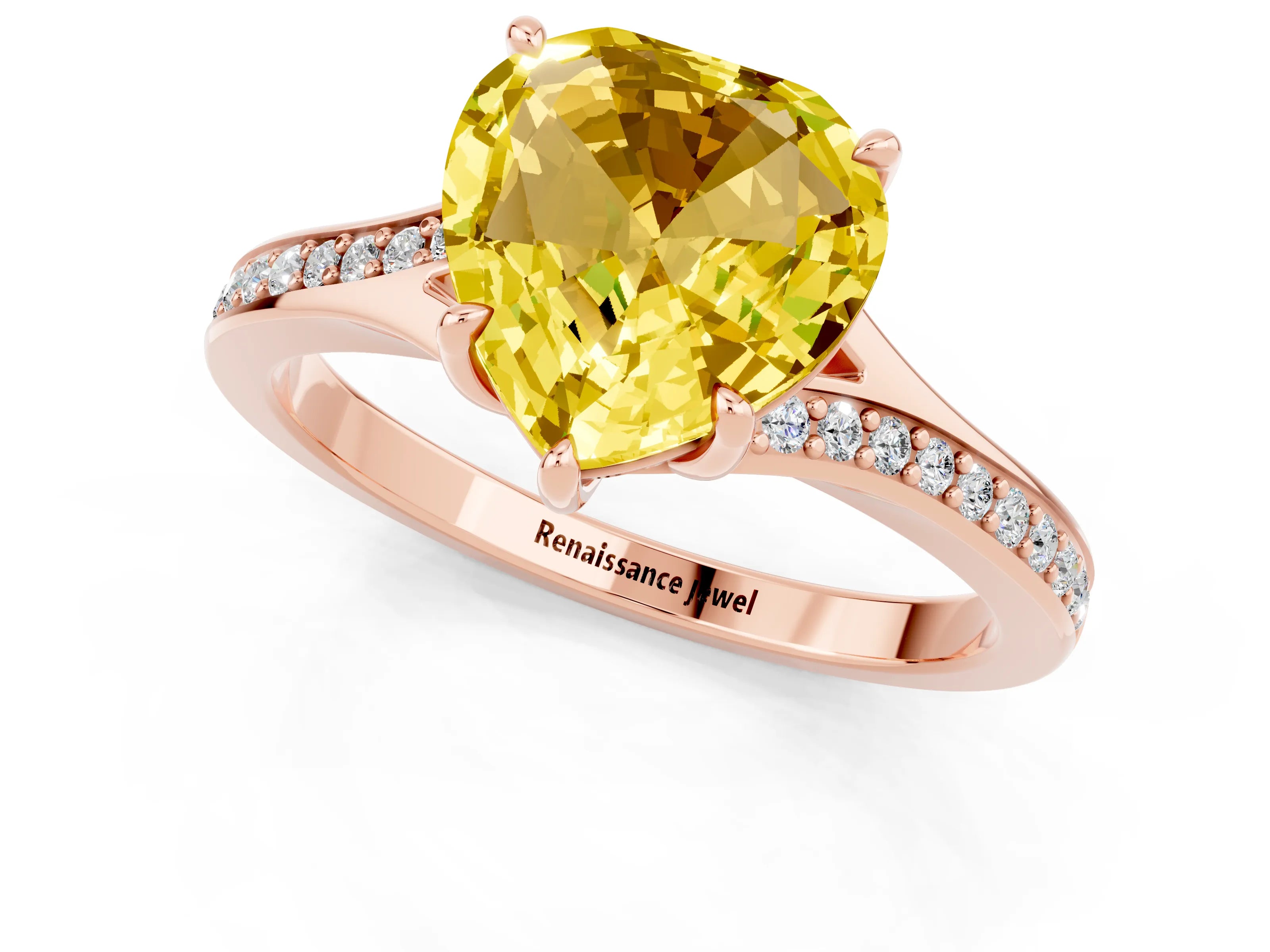 Rose gold Heart Cut Yellow Sapphire Solitaire Ring with Pavé Band and Prong Setting_13