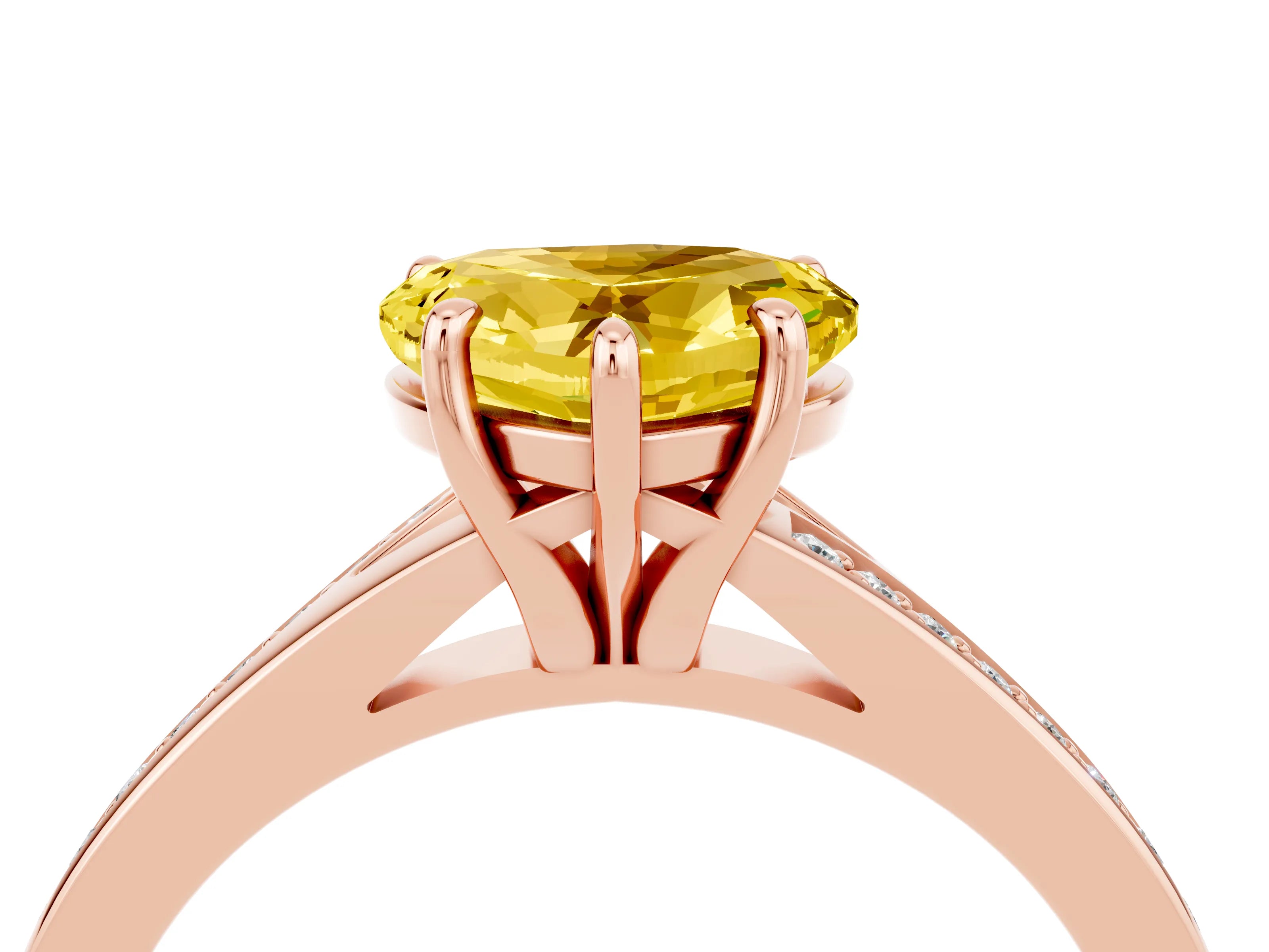 Rose gold Heart Cut Yellow Sapphire Solitaire Ring with Pavé Band and Prong Setting_16