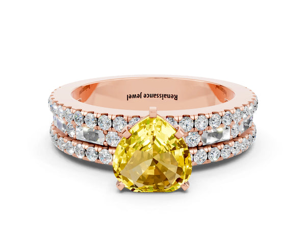 Rose gold Heart Cut Yellow Sapphire Solitaire Ring with Pavé and Channel Set Band