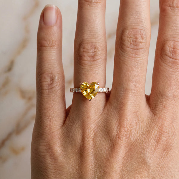 Rose gold Heart Cut Yellow Sapphire Solitaire Ring with Round  Pavé Band and Four-Prong Setting