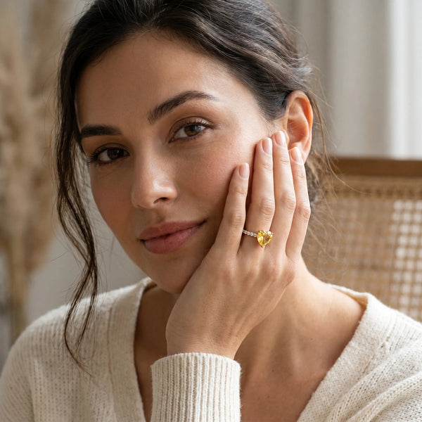 Rose gold Heart Cut Yellow Sapphire Solitaire Ring with Round  Pavé Band and Four-Prong Setting