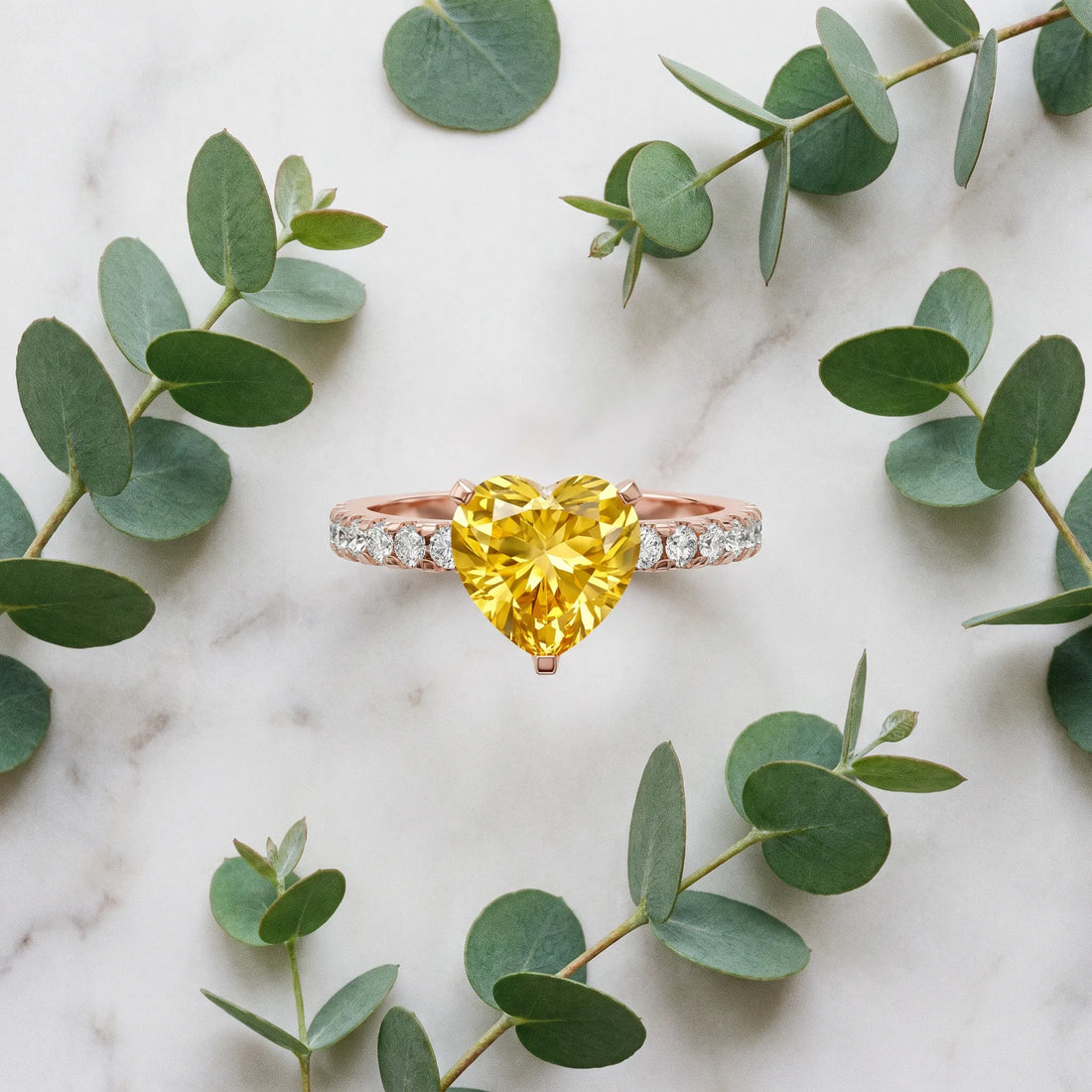 Rose gold Heart Cut Yellow Sapphire Solitaire Ring with Round  Pavé Band and Four-Prong Setting_81