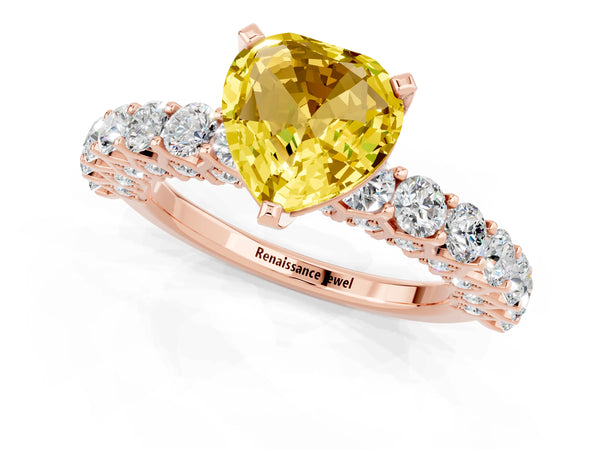 Rose gold Heart Cut Yellow Sapphire Solitaire Ring with Shared Prong Pavé Band and Four-Prong Setting