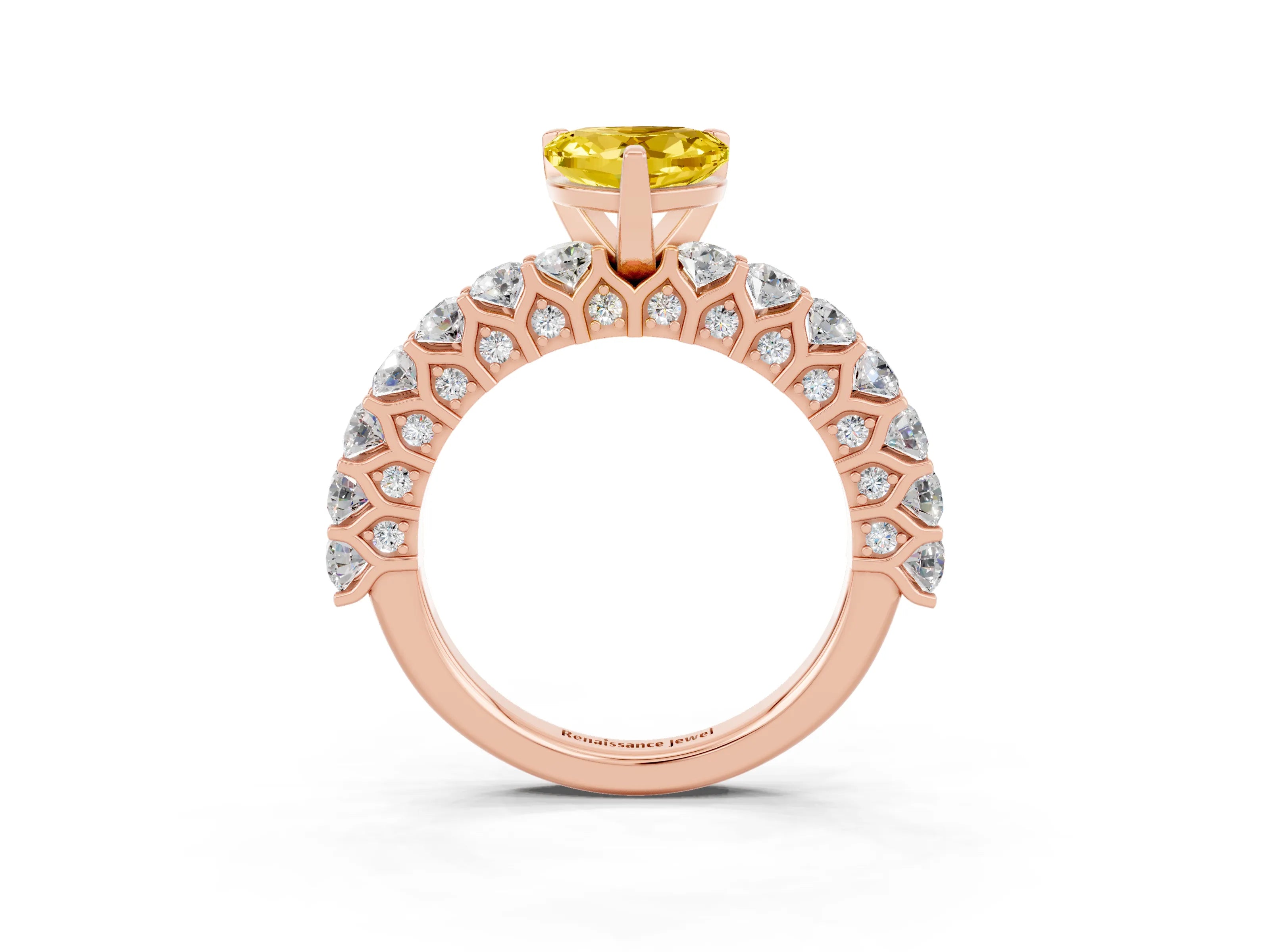 Rose gold Heart Cut Yellow Sapphire Solitaire Ring with Shared Prong Pavé Band and Four-Prong Setting_15