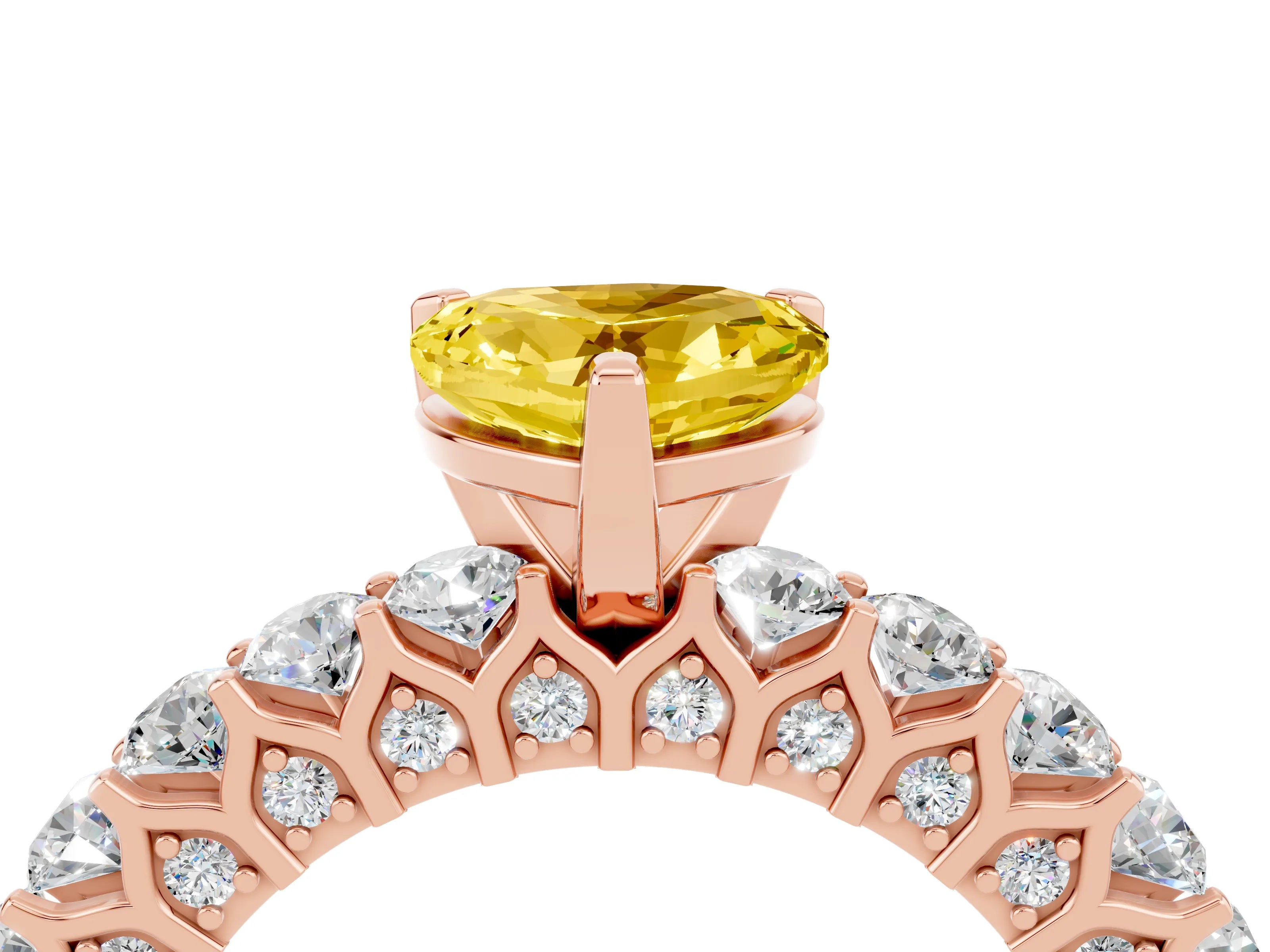 Rose gold Heart Cut Yellow Sapphire Solitaire Ring with Shared Prong Pavé Band and Four-Prong Setting_16