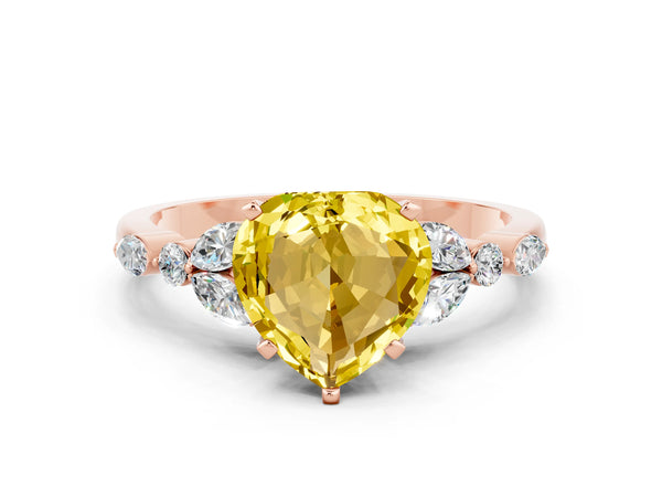 Rose gold Heart Cut Yellow Sapphire Solitaire Ring with Side Stones and Four-Prong Setting