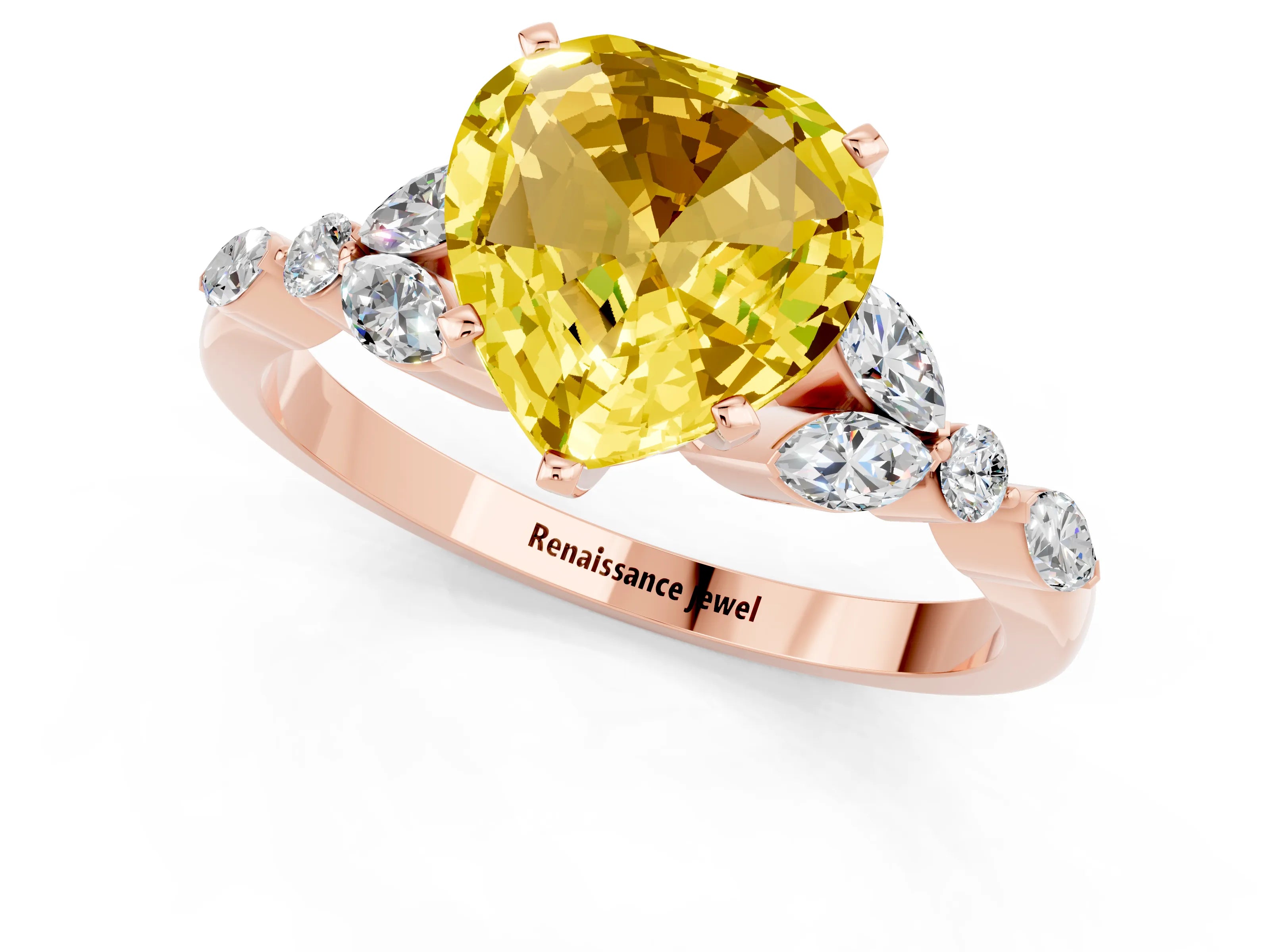 Rose gold Heart Cut Yellow Sapphire Solitaire Ring with Side Stones and Four-Prong Setting_13