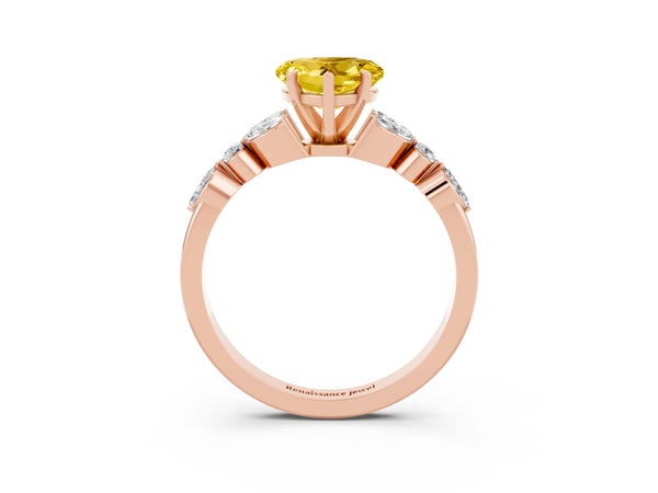 Rose gold Heart Cut Yellow Sapphire Solitaire Ring with Side Stones and Four-Prong Setting