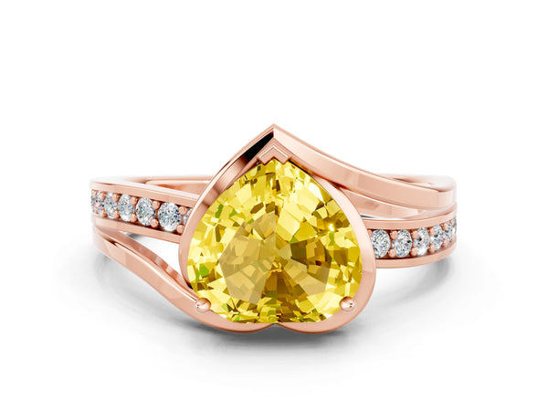 Rose gold Heart Cut Yellow Sapphire Solitaire Ring with Split Shank and Prong Setting